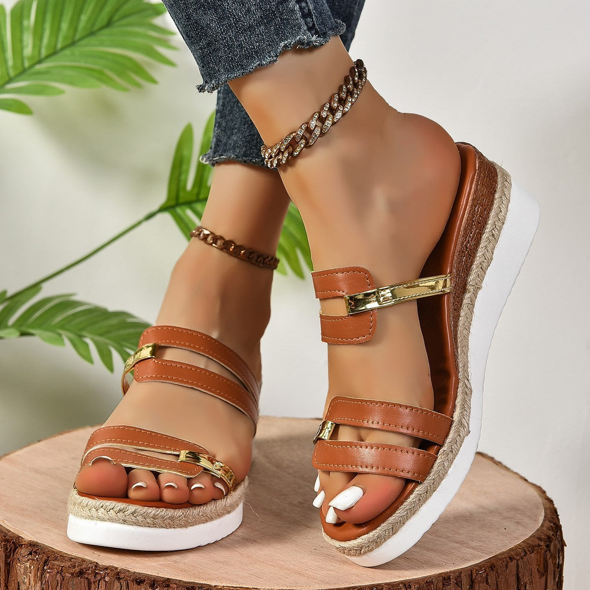 Colorblock-strap Wedges Sandals Summer Fashion Hemp Heel Slides Slippers Outdoor Thick Bottom Fish Mouth Shoes For Women - BuzzMart