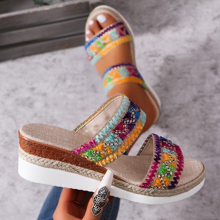Fashion Wavy Pattern Woven Sandals Summer Casual Ethnic Style Slippers Linen Bottom Wide Strap Wedges Shoes For Women - BuzzMart