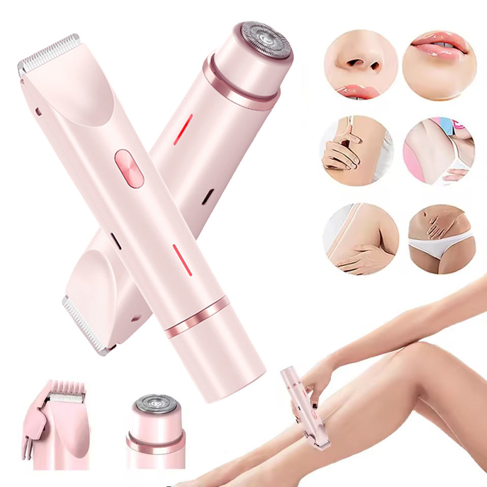 Rechargeable body and facial hair remover with two interchangeable heads.
