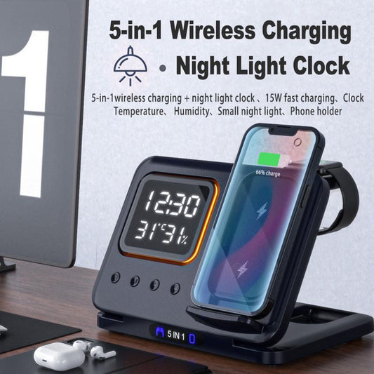 15W Wireless Chargers Stand 5 In1 LED Digital Alarm Clock Fast Charging Dock Station - BuzzMart