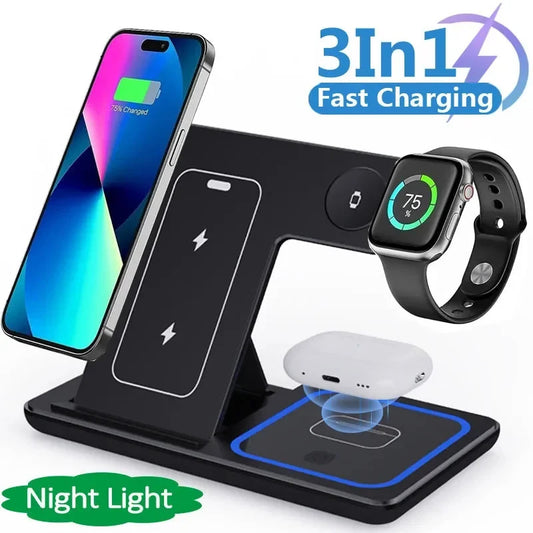 15W 3 In 1 LED Fast Wireless Charger Stand Foldable Charging Station For Smart Phone 15 14 13 12 11 IWatch 9 8 7 6 5 Airpods Pro - BuzzMart