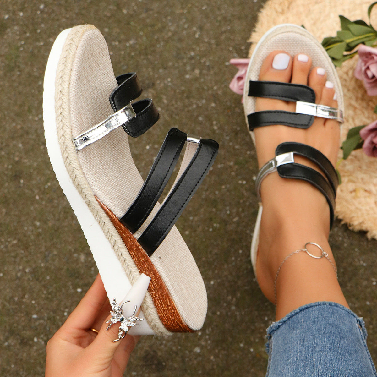 Colorblock-strap Wedges Sandals Summer Fashion Hemp Heel Slides Slippers Outdoor Thick Bottom Fish Mouth Shoes For Women - BuzzMart